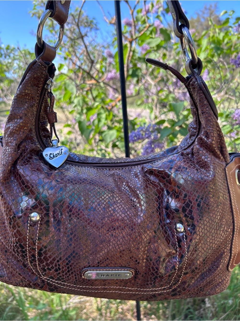 SHARIF Studio Brown Snakeskin Embossed Leather Hobo Shoulder Bag Boho Y2K - Picture 2 of 16